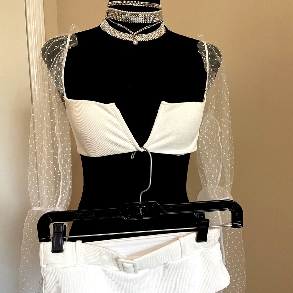 Shein, white, high waisted bottom, long sleeve, two-piece swim set.